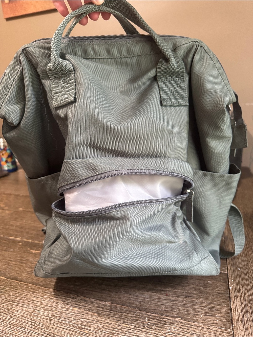 DSW Sage Green Diaper Backpack | Multi-Pocket Baby Bag | Wide Opening